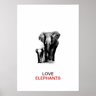 BW Elephant & Baby Elephant Poster