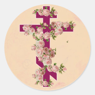 Byzantijns-orthodox oosters-ritisch kruis roze roz ronde sticker