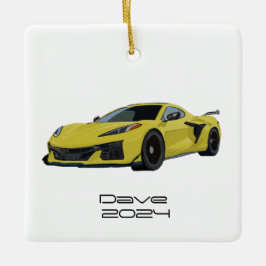 C8 Corvette Sports Car Yellow Hand Drawn Keramisch Ornament