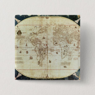 C 2487 Map of the World, ontworpen door Sebastien Vierkante Button 5,1 Cm