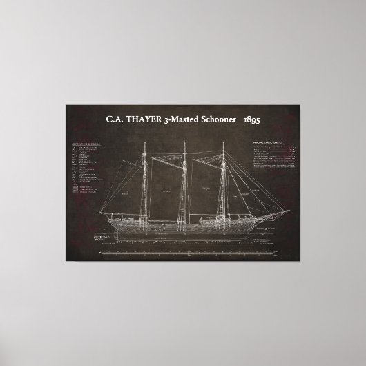 C.A. THAYER 3-Mastered Schooner Blauwdruk 1895 Canvas Afdruk (Voorkant)