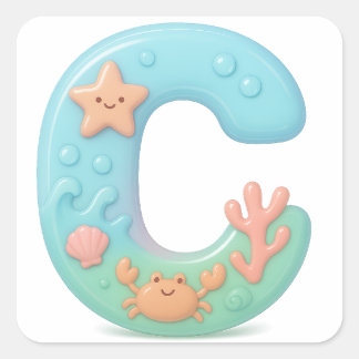 "C" Cute Bubble Letter - Underwater Sea Creature A Vierkante Sticker