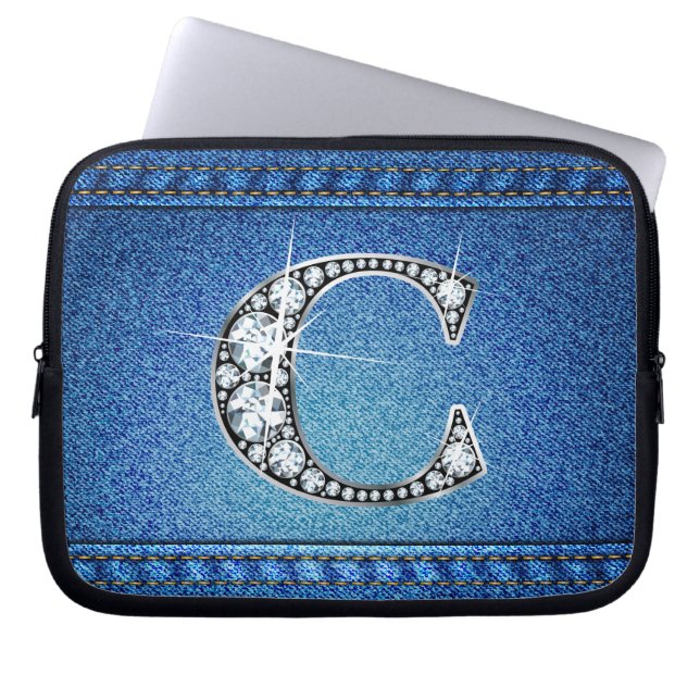 C Faux "Diamond" Denim Stitching Electronics Bag Laptop Sleeve (Voorkant)