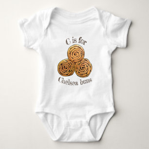 C is voor Chelsea Buns UK Currant Bun British Food Romper