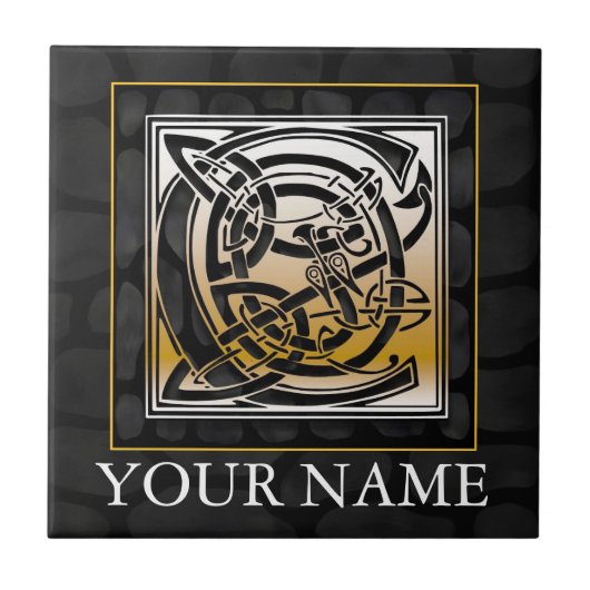 C "Jouw naam" Celtic Black Stone Monogram Tile Tegeltje (Voorkant)