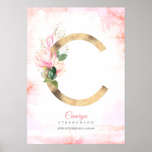 C Letter Monogram Goud Bladeren Roze Magnolia Bloe Poster