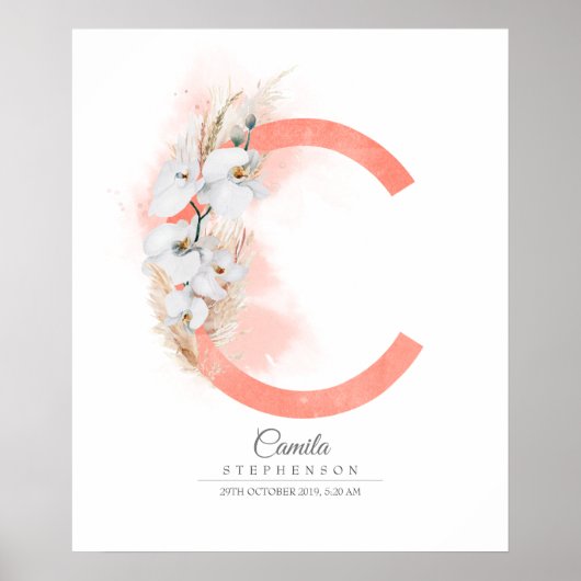 C Letter Monogram White Orchids and Pampas Grass Poster (Voorkant)