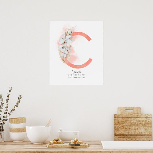 C Letter Monogram Witte Orchideeën en Pampagras Poster (Keuken)
