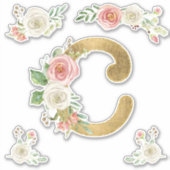 C Monogram Faux Gold Blush Roos Bloemen Waterverf Sticker (Voorkant)