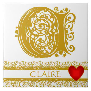 C Monogram Naam Gold Lace Red Heart Sjabloon Tegel Tegeltje