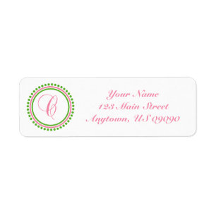 C stip cirkel mongram adreslabel (roze / groen) etiket