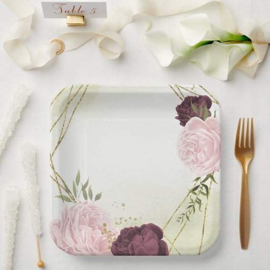 cabernet roze bloemen groen bruiloft papieren bordje (Huwelijk)