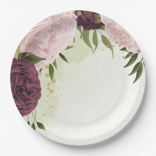 cabernet roze bloemen groen bruiloft papieren bordje (Voorkant)