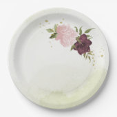 cabernet roze bloemen groen bruiloft papieren bordje (Voorkant)