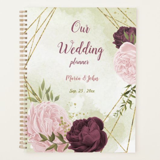 Cabernet & roze bloemen groen bruiloft planner (Voorkant)