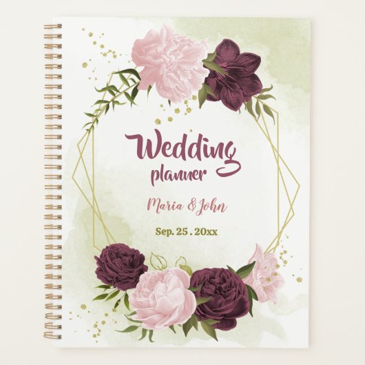 Cabernet & roze bloemen groen trouwen planner (Voorkant)
