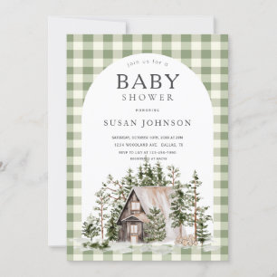 Cabin Forest Woodland Green Check Baby shower Kaart
