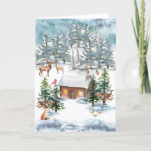 "Cabin in de Sneeuw" Aquarel Kunst Kerstmis