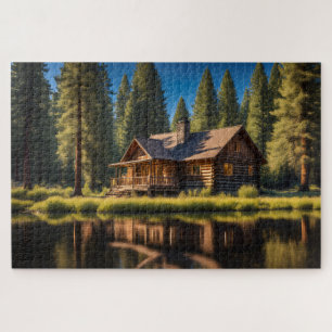 Cabin in het bos bij de rivier legpuzzel