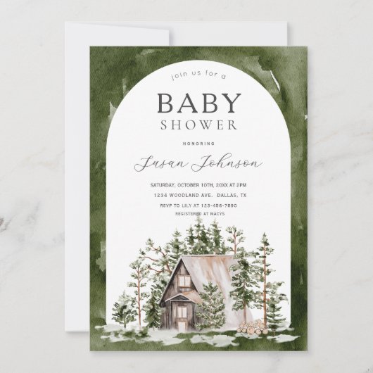 Cabin Theme Forest Woodland Green Baby shower Kaart (Voorkant)