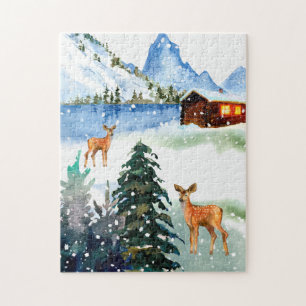 Cabine de montagne d'hiver avec puzzle de cerfs