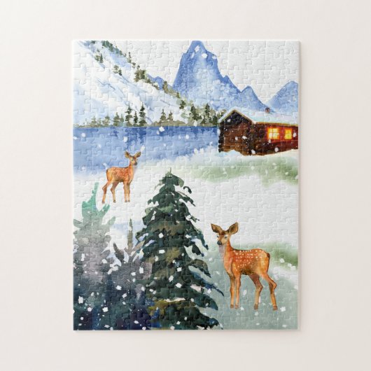 Cabine de montagne d'hiver avec puzzle de cerfs (Vertical)