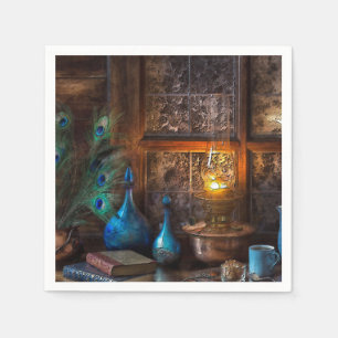 Cabine door lamplicht rustieke scène blauw bruin servet