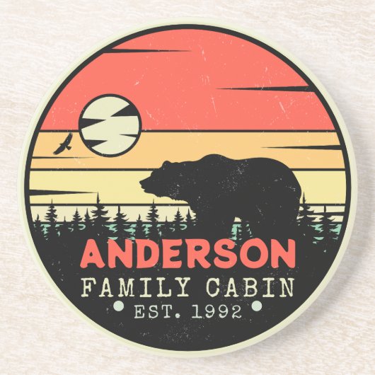 Cabine Familienaam Retro Pijnbomen Beer Souvenir Zandsteen Onderzetter (Voorkant)