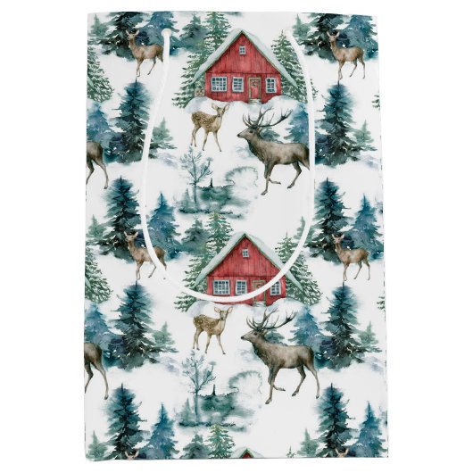 Cabine in bossen met herten- en sneeuwbomen medium cadeauzakje (Voorkant)