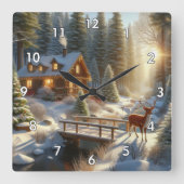 Cabine in de Sneeuw Gevulde Bossen met Herten Vierkante Klok (Voorkant)