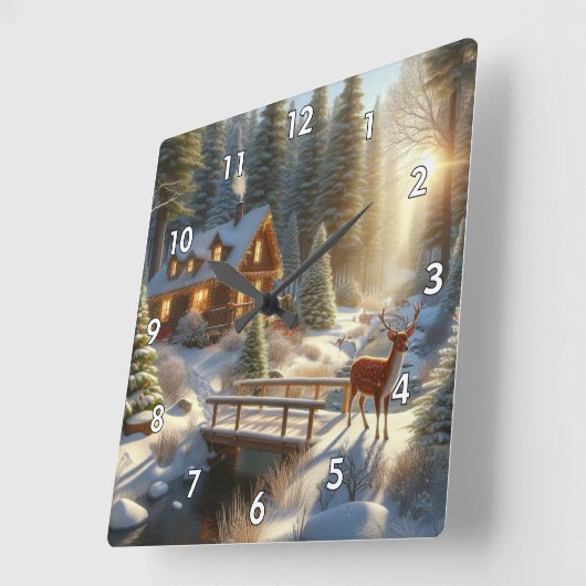 Cabine in de Sneeuw Gevulde Bossen met Herten Vierkante Klok (Hoek)