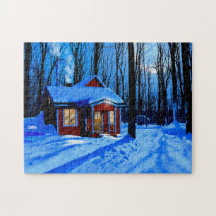 Cabine Rouge Dans Un Puzzle De Bois De Neige