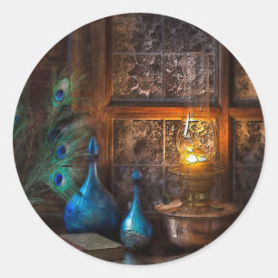 Cabine rustieke lamplicht scène bruin blauw crème ronde sticker