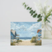 Cabines de plage bleues Carte postale d'art côtier (Debout devant)