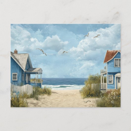 Cabines de plage bleues Carte postale d'art côtier (Devant)