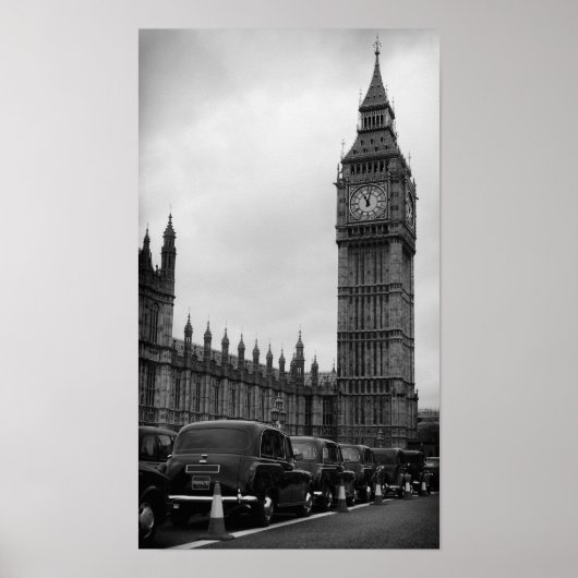 Cabines de taxi Big Ben en poster noir et blanc (Devant)