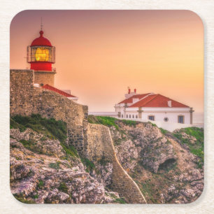 Cabo Sao Vicente op zonsondergang Algarve, Portu Vierkante Kartonnen Onderzetter