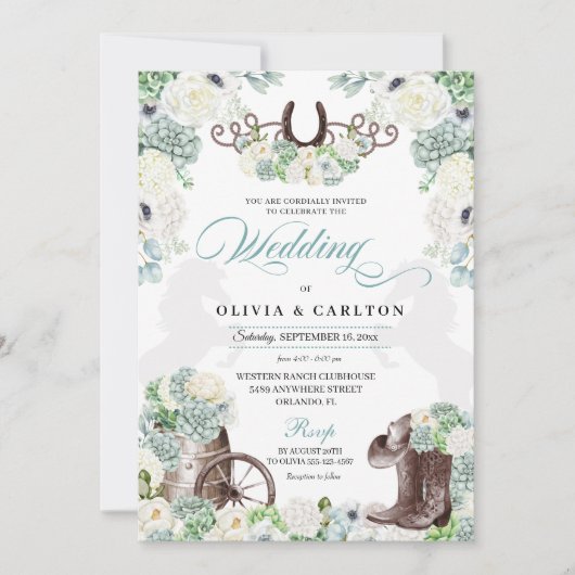 Cacti Floral Mint Green Western Cowboy Wedding Kaart (Voorkant)