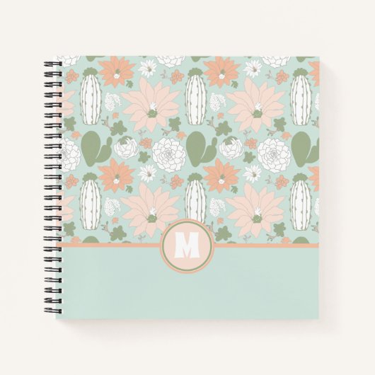 Cacti Peach Green Floral Pattern Monogram afspelen Notitieboek (Voorkant)