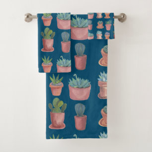 Cacti Succulents Waterverf Terracotta Pots Indigo Bad Handdoek