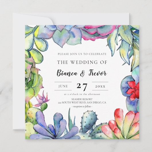 Cacti's en waterverf-bruiloft kaart (Voorkant)