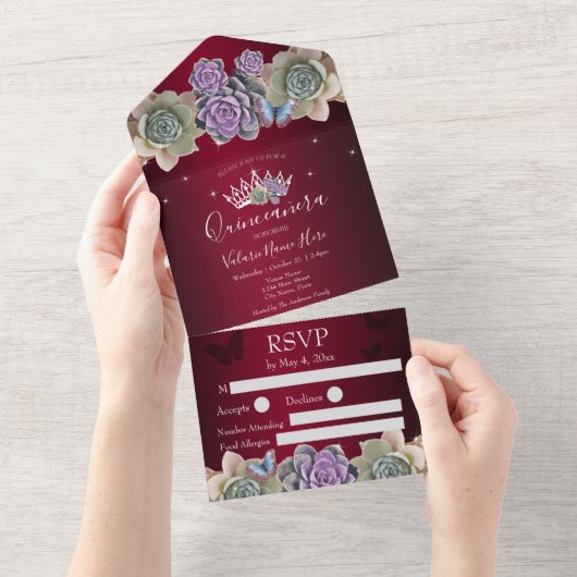 Cactus and Butterfly Elegant Quinceanera red All I All In One Uitnodiging (Afscheurbaar)