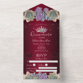 Cactus and Butterfly Elegant Quinceanera red All I All In One Uitnodiging (Binnen)