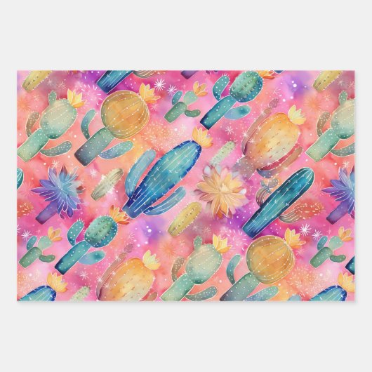 Cactus Art Combo Groen Wit Roze Woestijn Zuidwest Inpakpapier Vel (Voorkant 3)