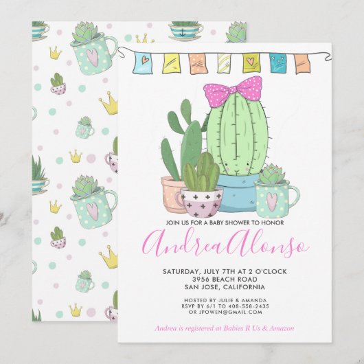 Cactus Baby Girl | Invitation baby shower (Devant / Derrière)