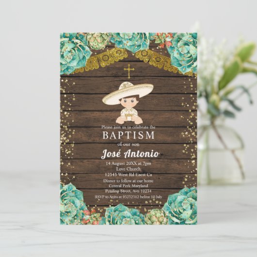 Cactus Baptême Invitation pour garçon (Debout devant)