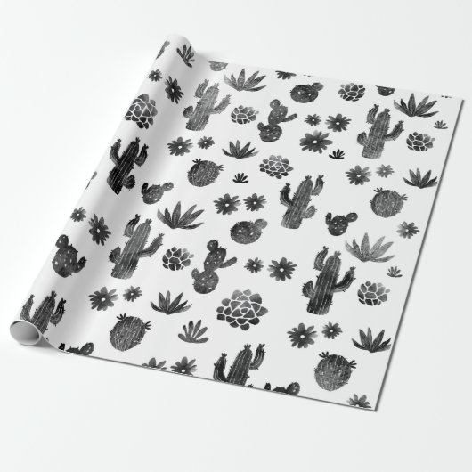 Cactus Black and White Wrapping Paper Cadeaupapier (Uitgerold)