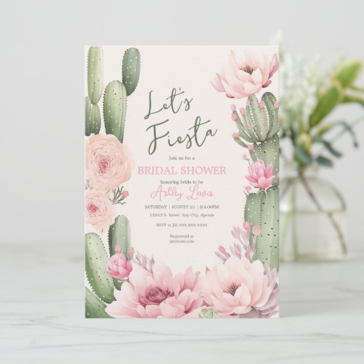 Cactus Blush roze Fiesta Boho Groenery Bruidstaart Kaart (Staand voorkant)