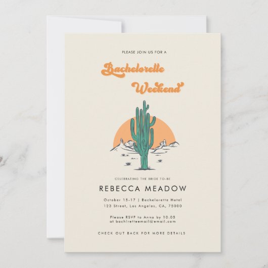 Cactus Boho Desert Retro 70s Bachelorette Weekend Kaart (Voorkant)