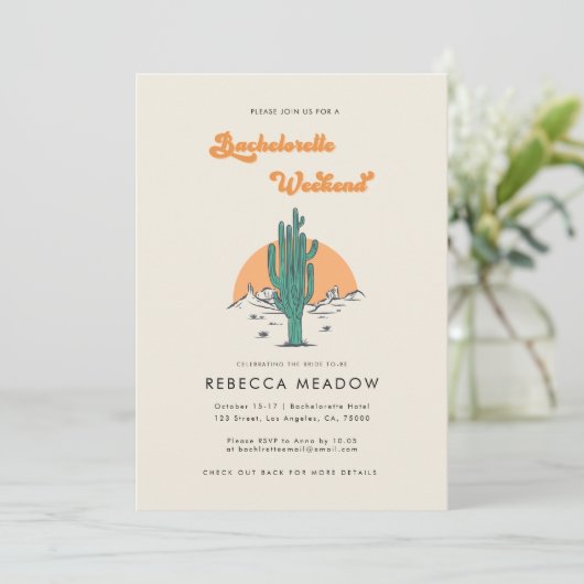 Cactus Boho Desert Retro 70s Bachelorette Weekend Kaart (Staand voorkant)